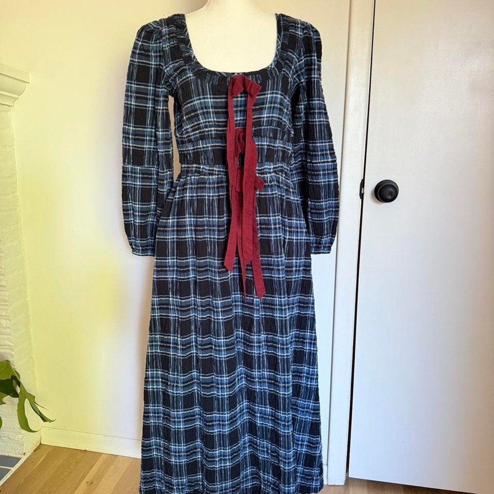Damson Madder blue and black plaid maxi dress with red ribbon tie